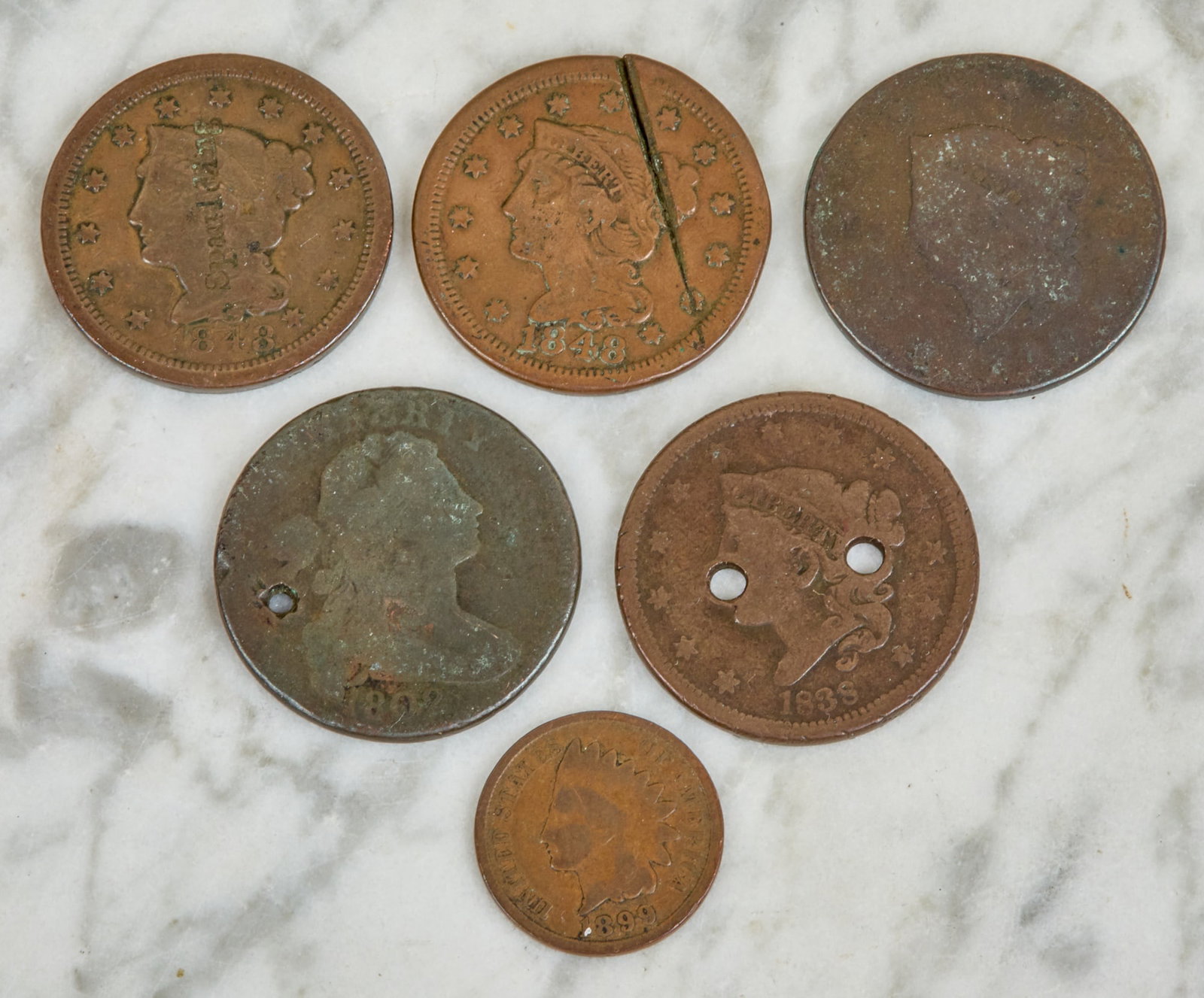 (6) US CENTS: (5) large cents including some with counter strikes 1802, 1818, (2) 1848, 1838 and (1) 1899 Indian Head.