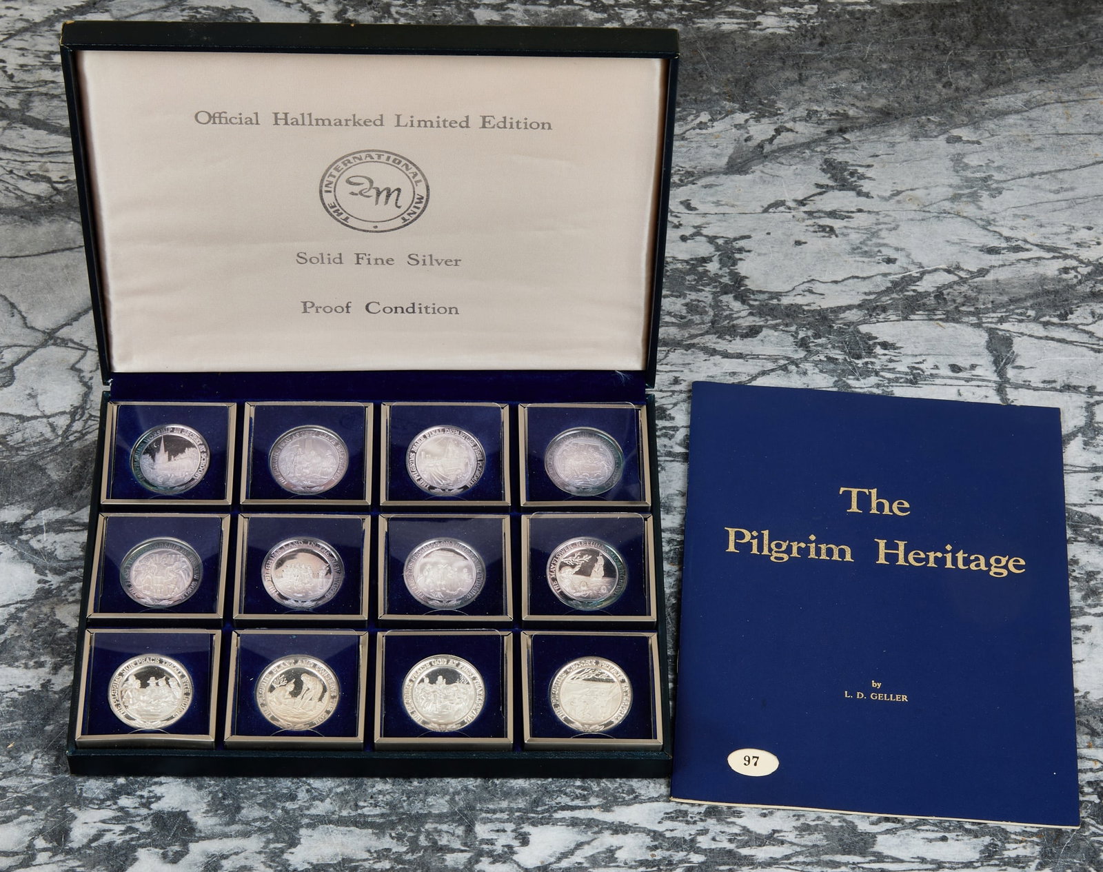 SET of (12) SOLID FINE SILVER PROOF MEDALS: The Pilgrim Heritage by The International Mint 1970. Original packaging and booklet, Series #97. Coins 1 1/4 inches.