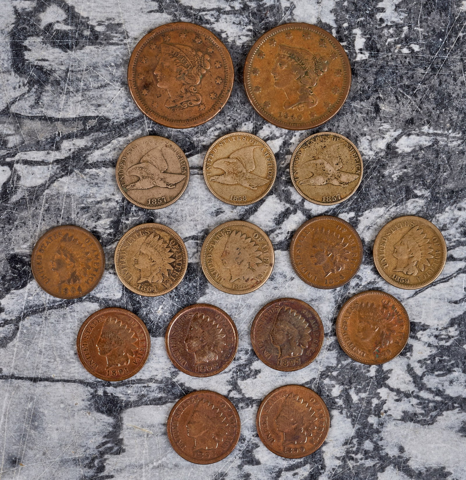(16) US CENTS - LARGE, FLYING EAGLE, INDIAN HEAD: (2) Large (3) Flying (11) Indian Head. 1 1/2 inches.