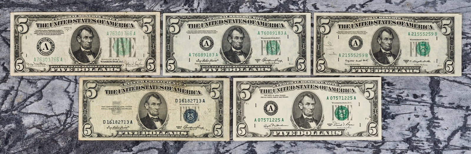 (5) US FIVE DOLLAR BILLS (1 of 9)