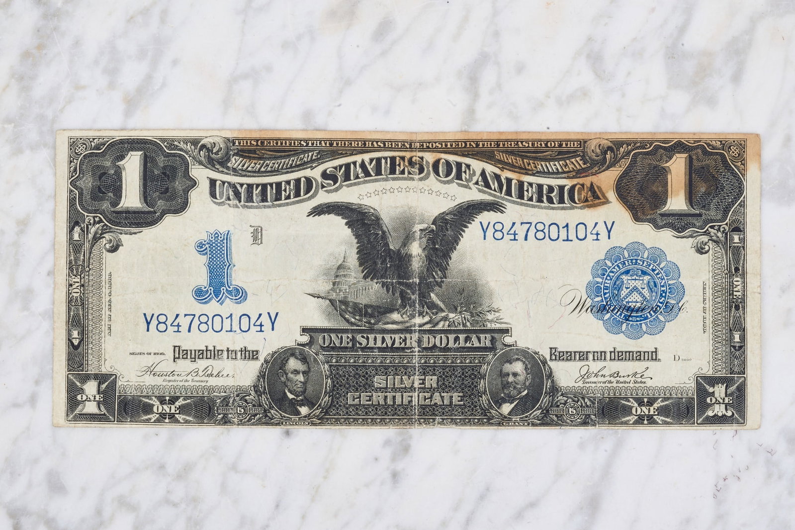 1899 US ONE DOLLAR SILVER CERTIFICATE: Large size, 3 x 7 3/8 inches.