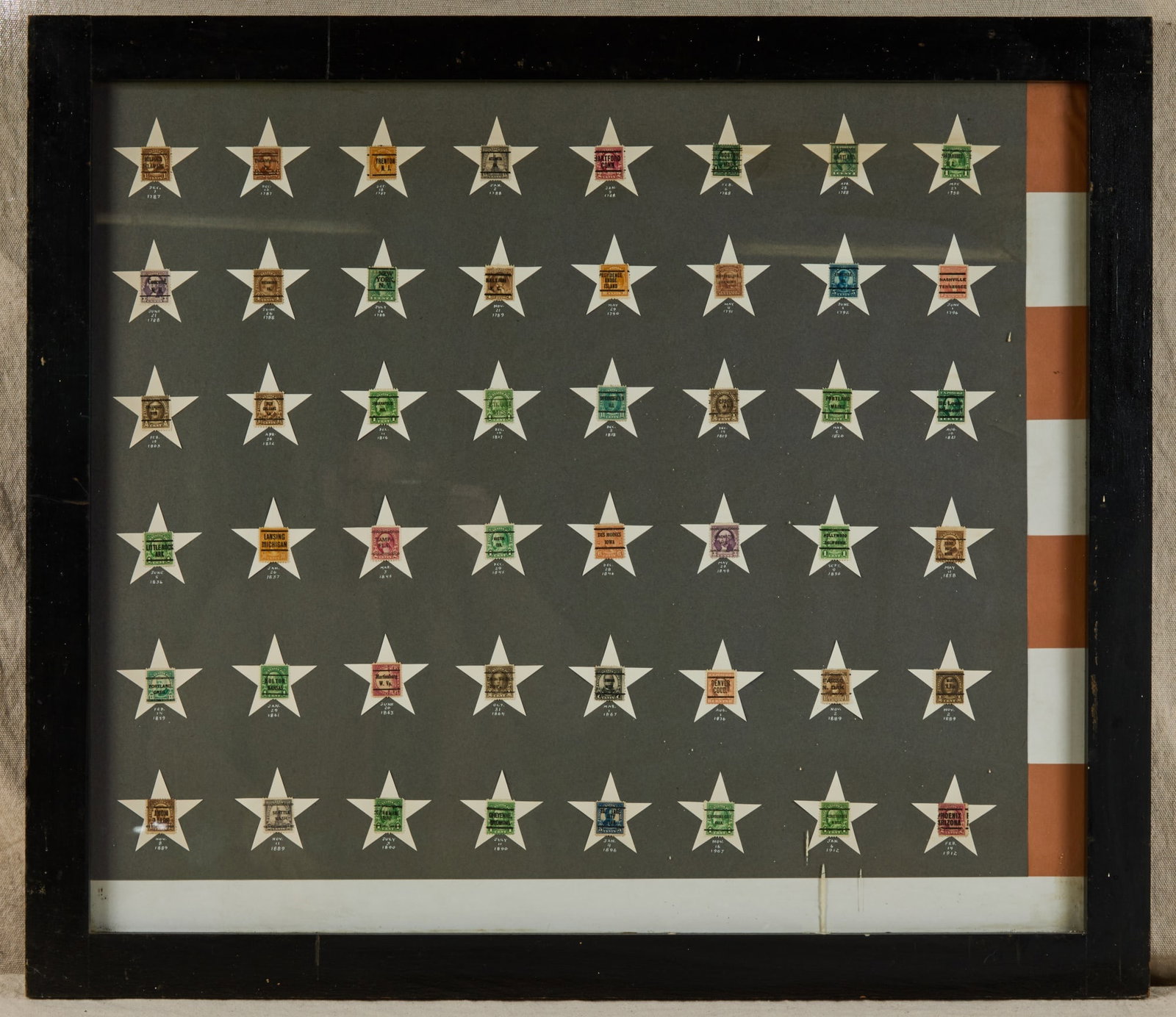 48 STATES REPRESENTD by CANCELLED STAMPS: In order of statehood with a stars and stripes red, white an blue flag, background framed.