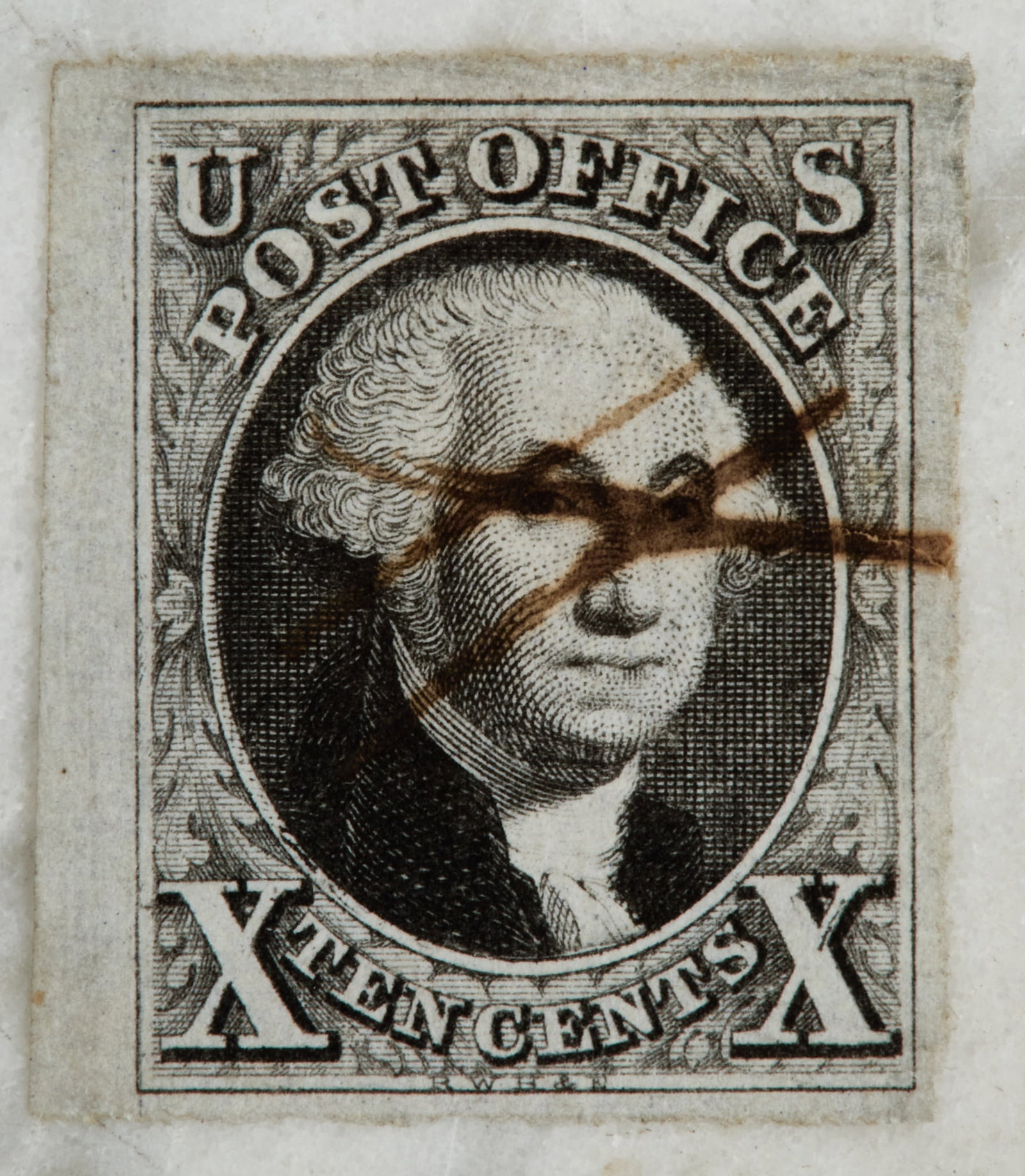 1847 US 10 CENT BLACK GEORGE WASHINGTON STAMP: Imperforate.