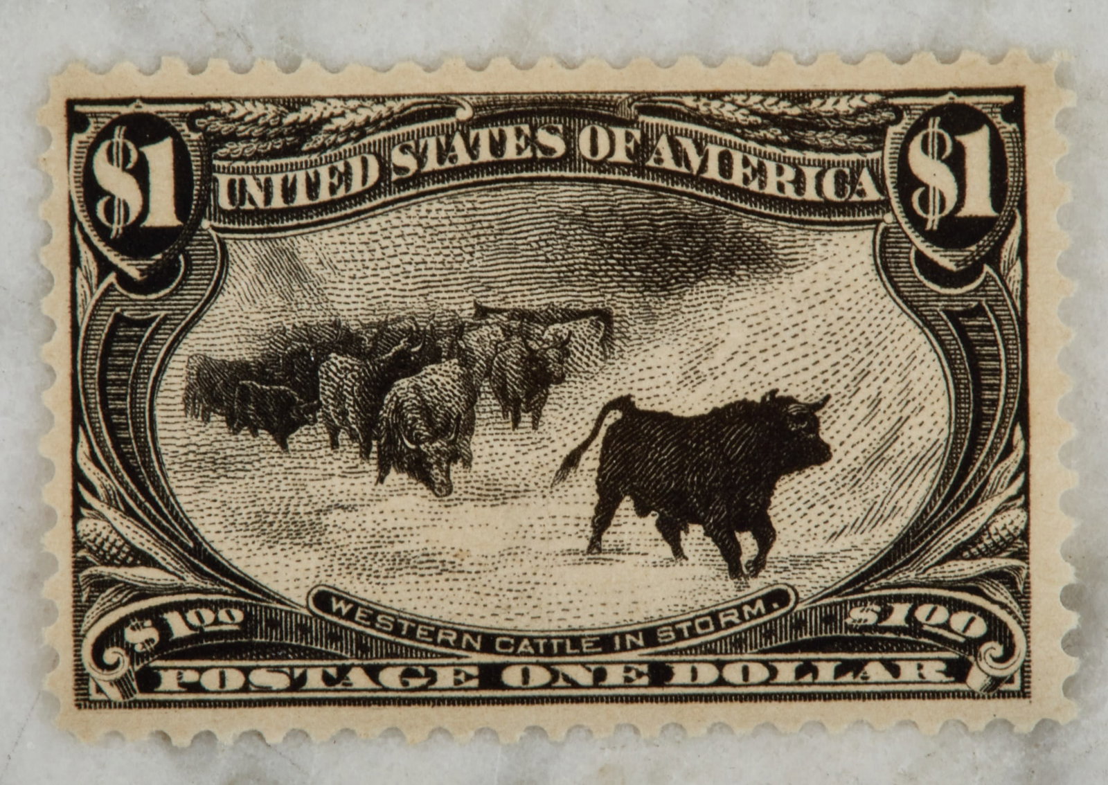 1898 1 DOLLAR US WESTERN CATTLE in STORM STAMP: Black.