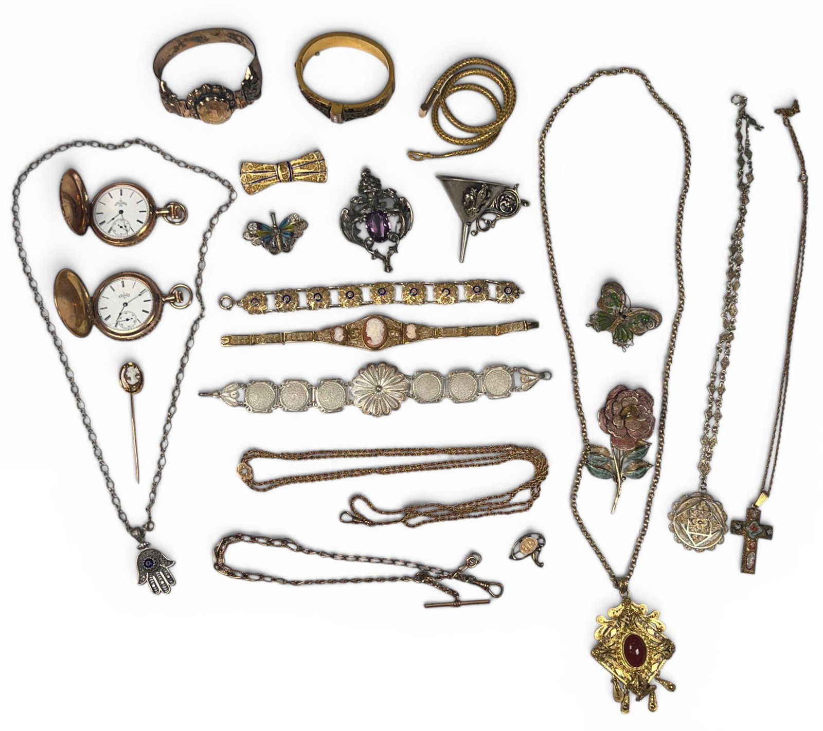GROUPING OF FILLIGREE JEWELRY, ETC: Some gold filled and sterling silver pieces Condition: Wear consistent with age and use