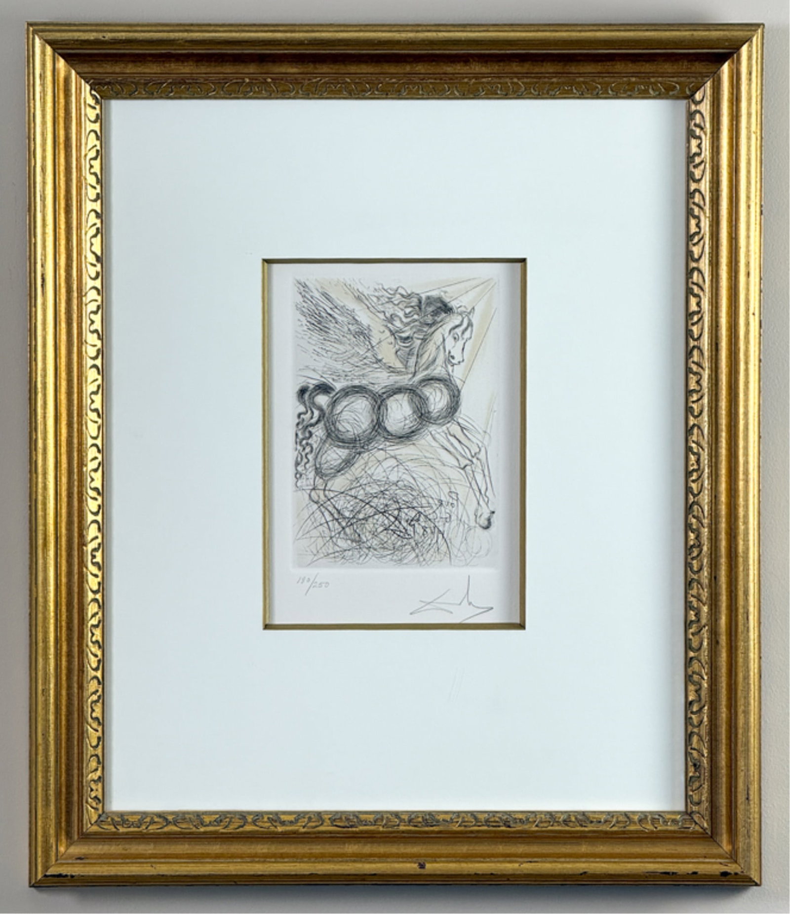 SALVADOR DALI (1904-1989) "PEGASUS": Engraving. Pencil signed and numbered 180/250. Plate measures 6 3/4 x 4 3/4 inches. Frame 20 1/4 x 17 1/4 inches.
