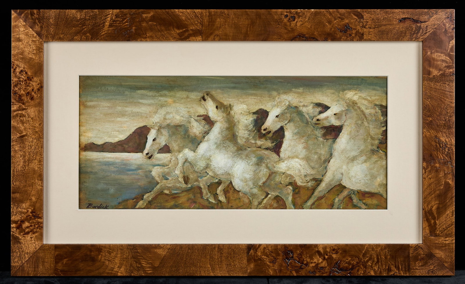 CHARLES EDWARD BURDICK (1924-2016): Four White Horses, oil on board 8 x 18 1/2 inches, signed lower left. 16 x 26 1/2 inches overall.