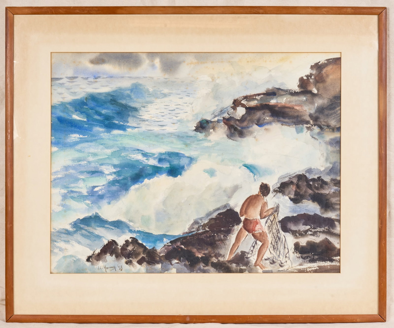 JOHN CHIN YOUNG (1909-1997) Hawaiian Artist: "Fishing off a Rocky Coast" watercolor 20 1/2 x 26 1/2 inches. signed and dated 1958. framed 29 x 35 inches (overall)
