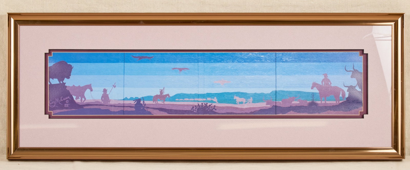 COY McCANN (1951-2001) LITHOGRAPH of TEXAS MURAL: "Once Upon a Time" lithograph in color 6 x 29 1/2 inches. signed and numbered 956/1000. framed 13 1/2 x 37 inches (overall including frame)