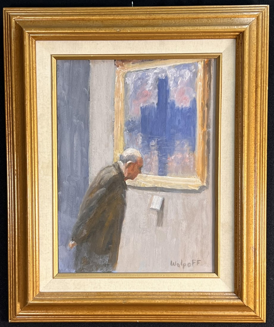 HAROLD WOLPOFF (1924-2013) "A VISIT TO THE MUSEUM": New England impressionist. Oil on artist board. Signed lower right. 17 1/4" x 14 1/4" framed