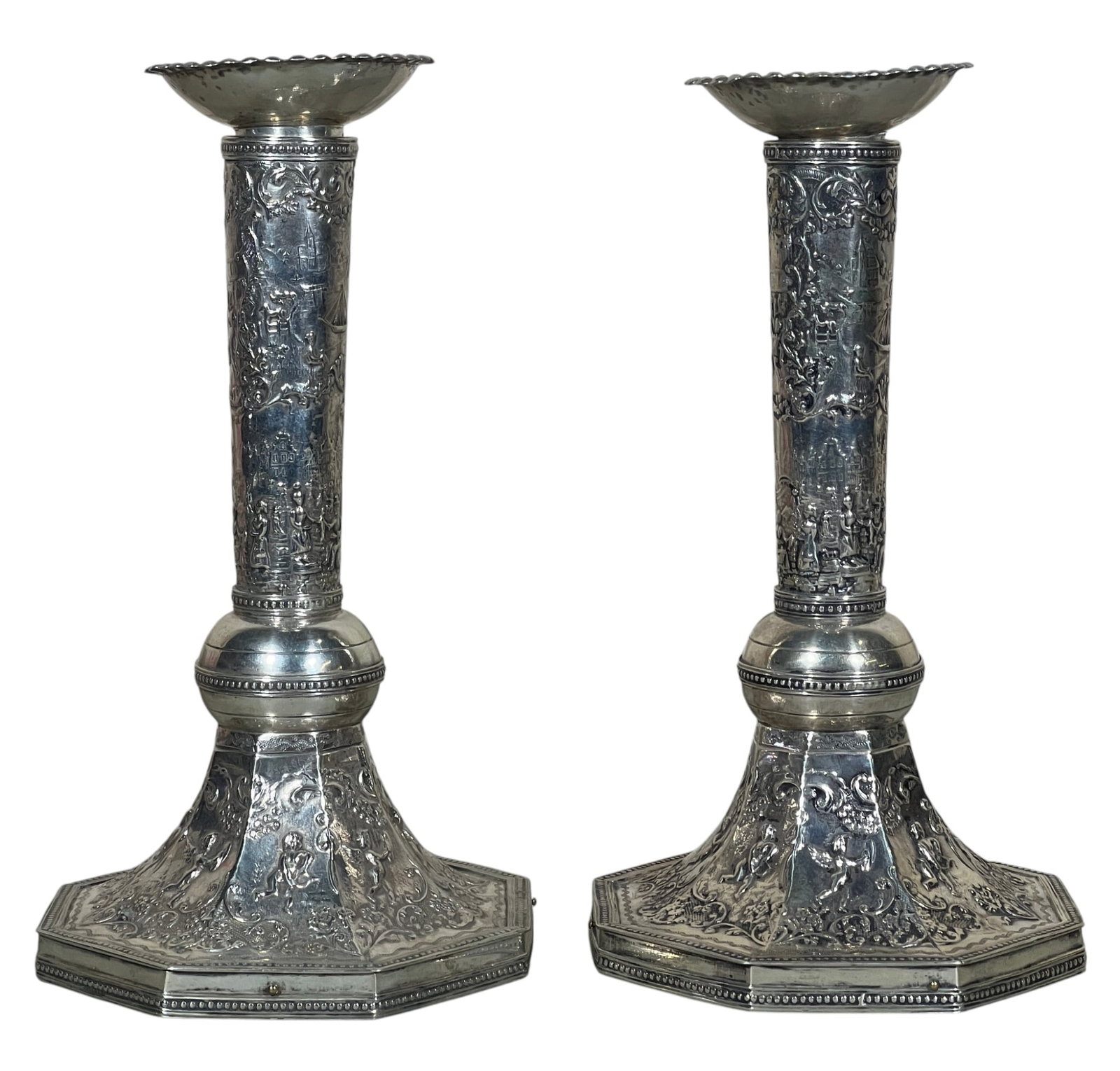 PAIR of (19th c) DUTCH EXPORT SILVER CANDLESTICKS (1 of 14)