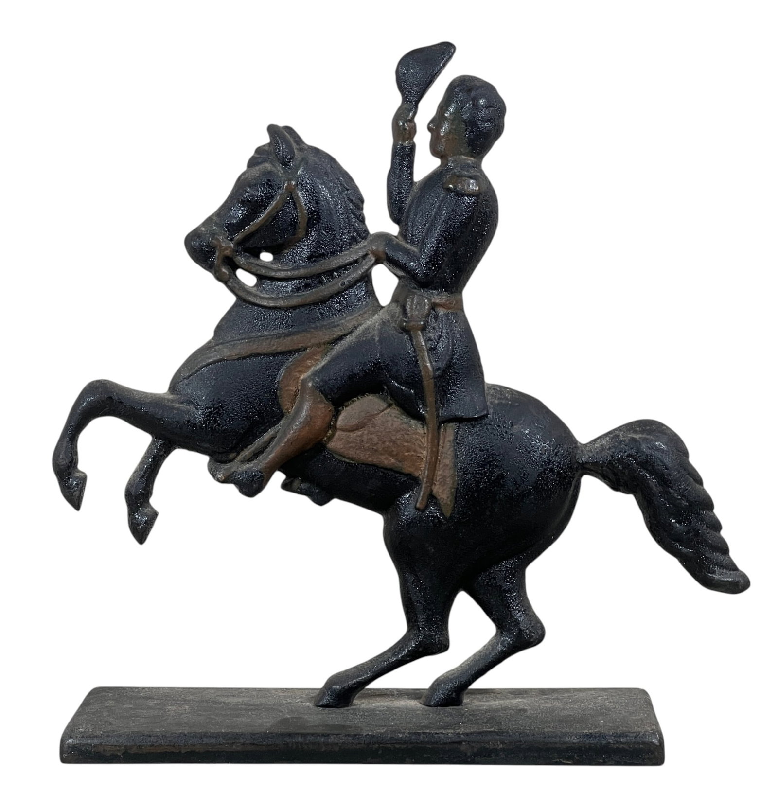 PAINTED CAST IRON NAPOLEON DOORSTOP: 12 x 10 x 3 1/2 inches.