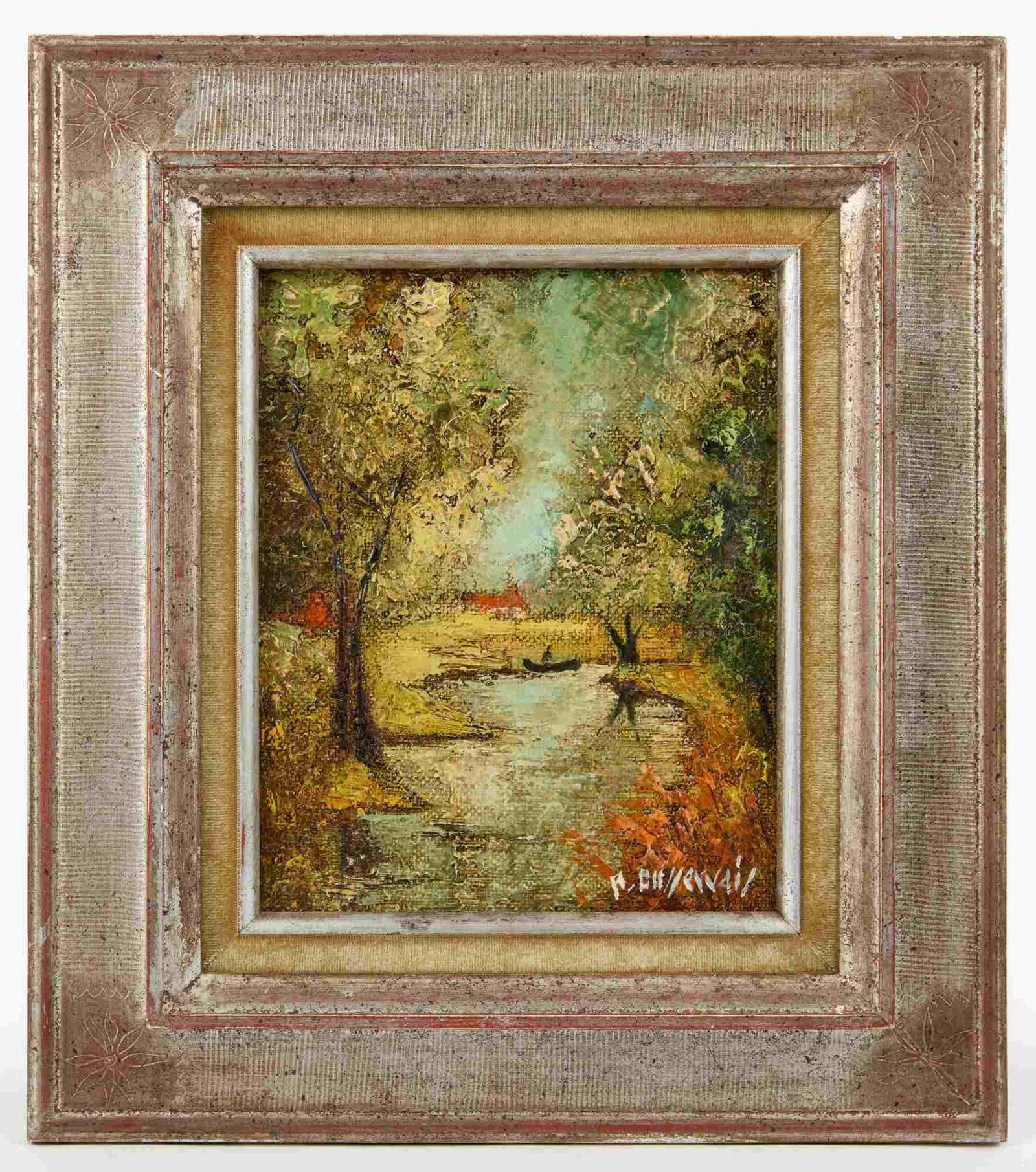 SIGNED IMPRESSIONIST OIL on CANVAS: Canoe on the River, oil on canvas 11 3/4 x 8 1/2 inches, signed lower right R/A Dulleyvail?, housed in a nice silver gilt frame. 17 1/2 x 15 1/2 inches.
