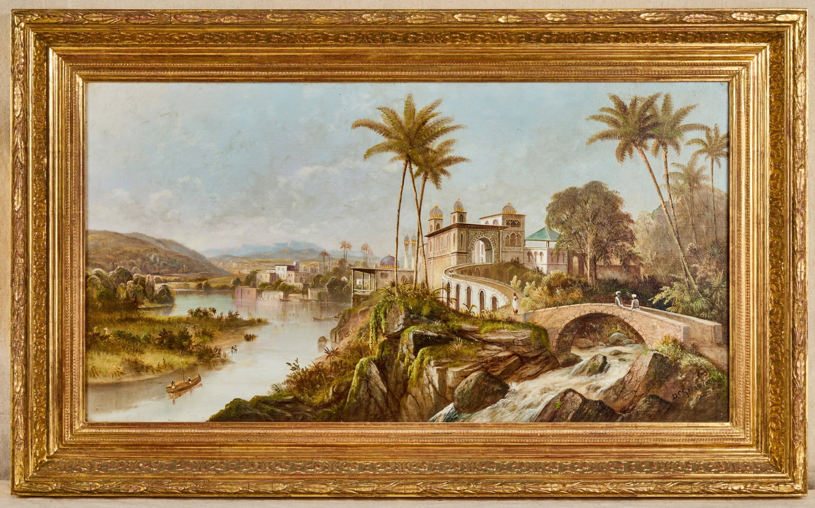 DANIEL CHARLES GROSE (1831-1900): Middle Eastern Palace on the River, oil on canvas 16 1/4 x 30 1/4 inches, signed & dated lower right. Housed in a nice Guido Frame Studio gilt frame. 22 1/4 x 36 1/4 inches overall.