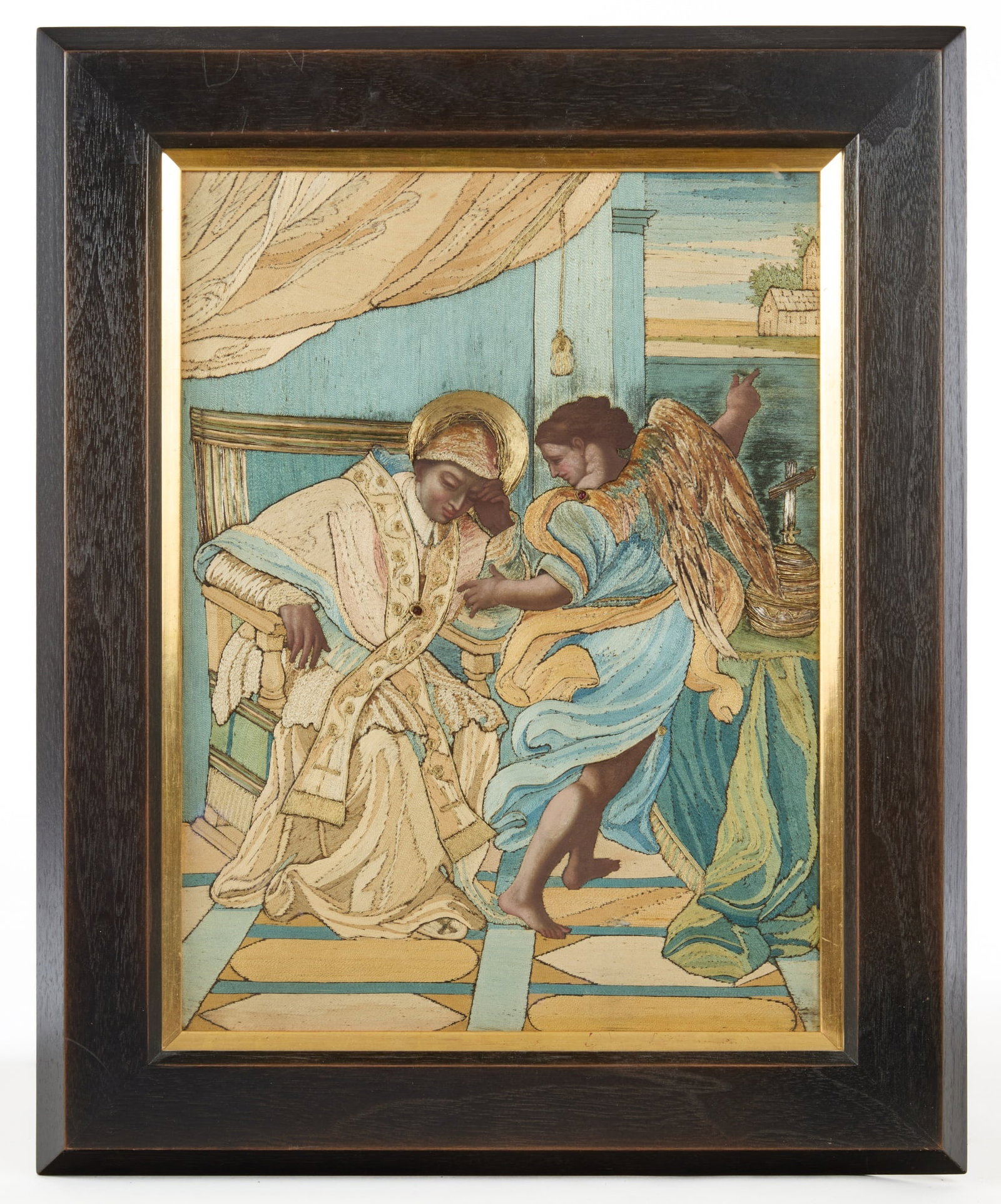 (19thc) BIBLICAL SILK & METALLIC THREAD EMBROIDERY: The Angel Harkens, silk & metallic thread embroidery with oil on leather embellishment to bodily elements. Possibly depicting The Annunciation. 22 1/4 x 18 inches.