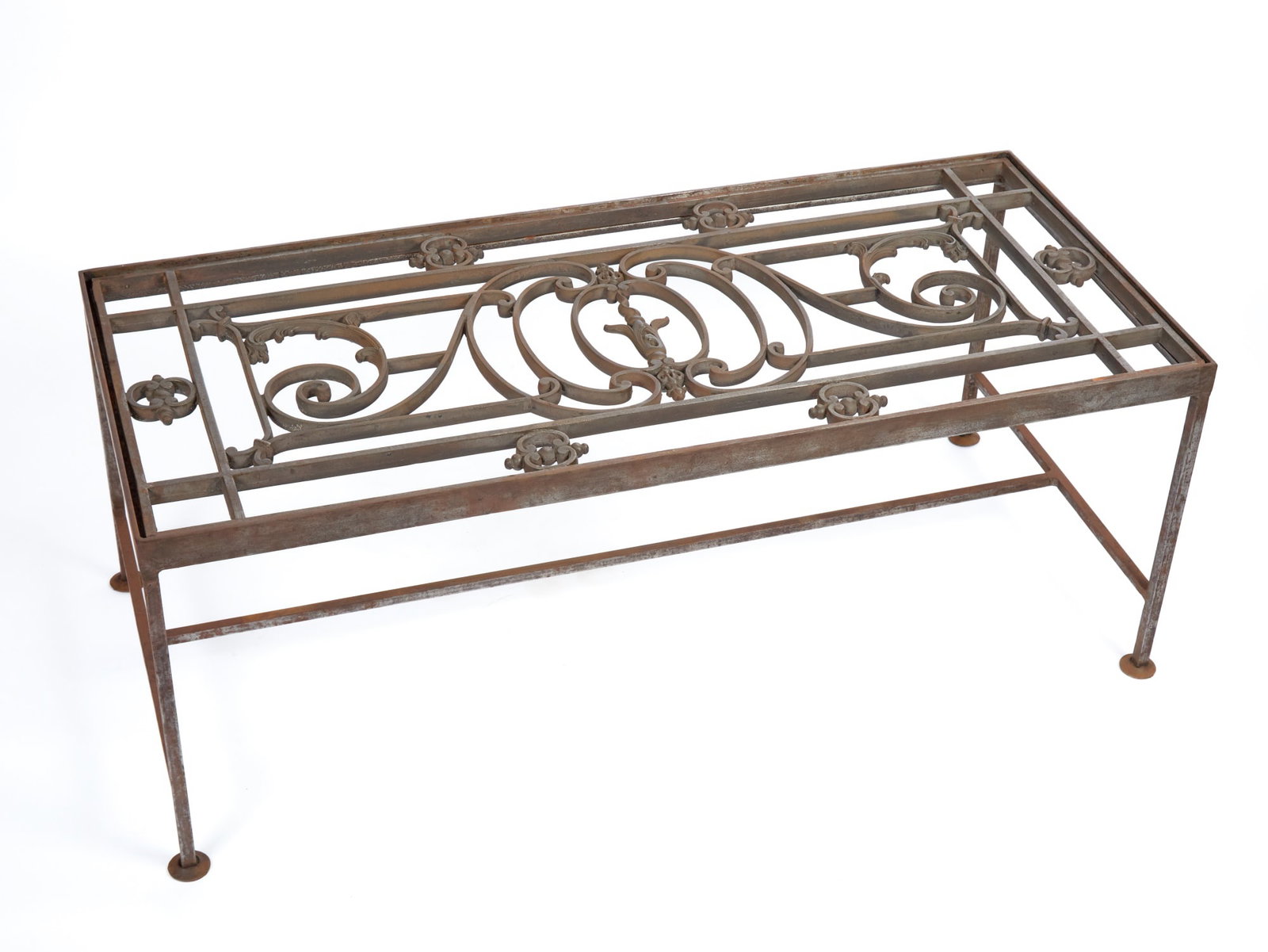 (First Half 20th c) CAST IRON BENCH / TABLE: Slip top nests into frame to support a glass top (if desired) 18 x 47 x 21 1/4 inches.