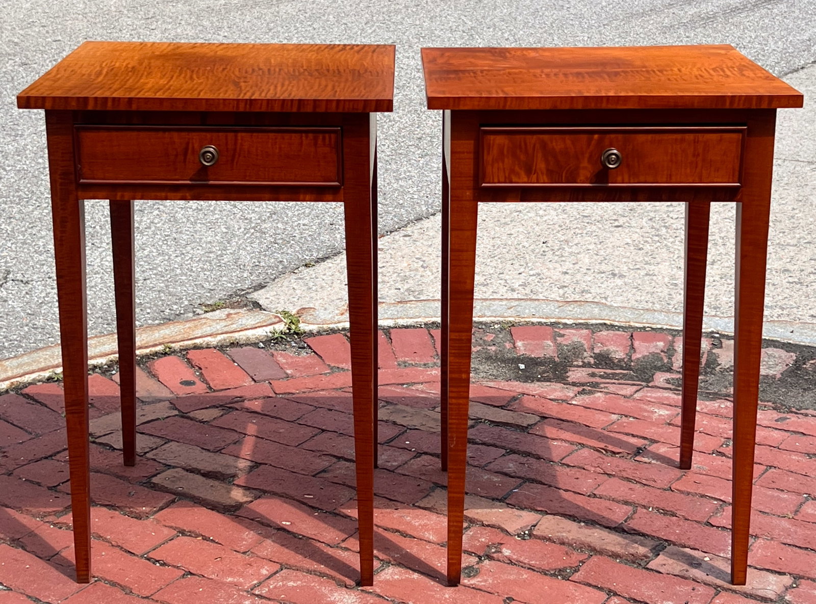 PAIR ELDRED WHEEL TIGER MAPLE HEPPLEWHITE STANDS - 2
