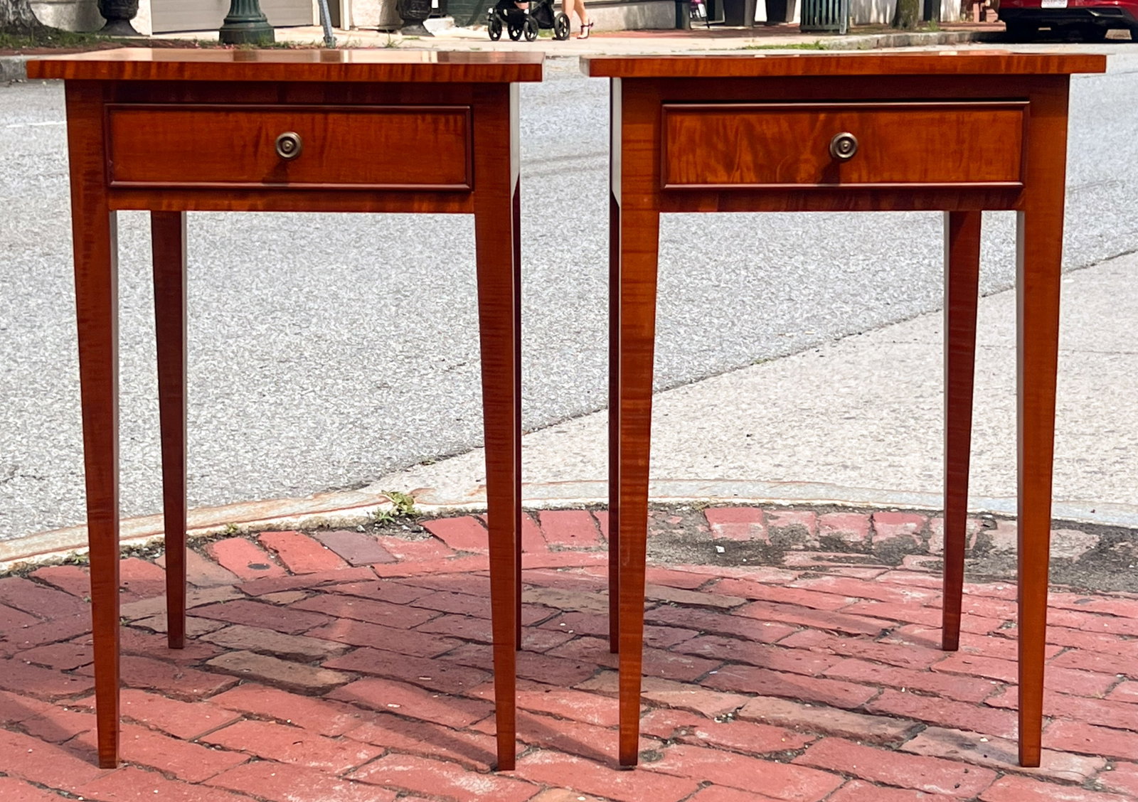 PAIR ELDRED WHEEL TIGER MAPLE HEPPLEWHITE STANDS - 3