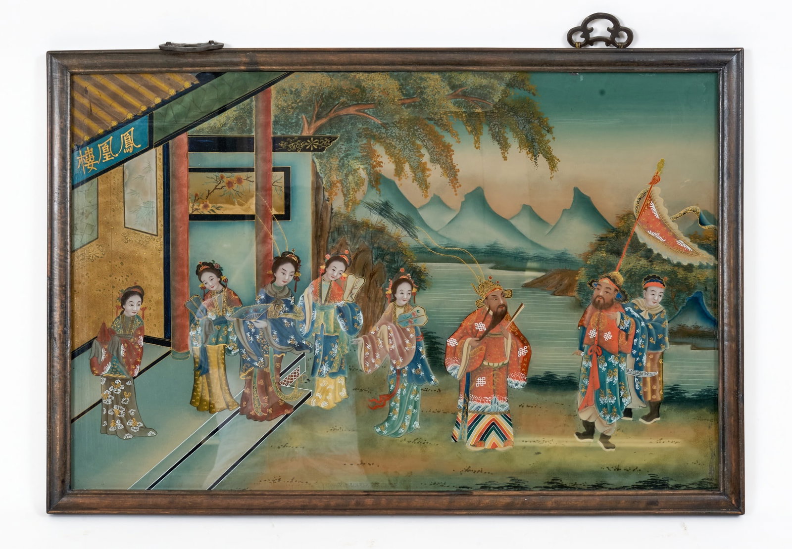 EARLY (20th c) CHINESE REVERSE PAINTED GLASS PANEL (1 of 9)