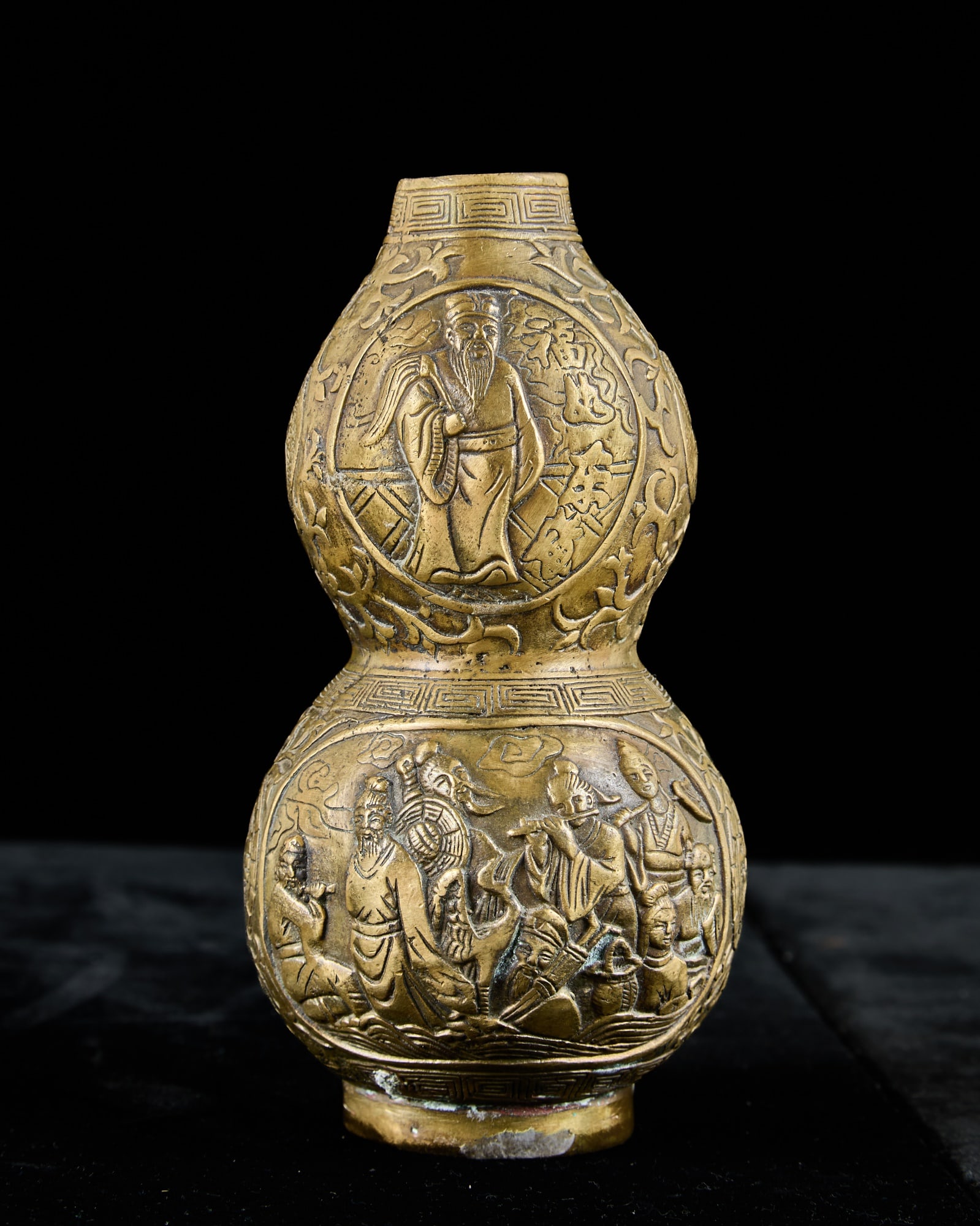 ANTIQUE SIGNED CHINESE BRONZE DOUBLE GOURD VASE: Cast with Taoist symbols including Yin Yang, signed in character under base. 6 inches.