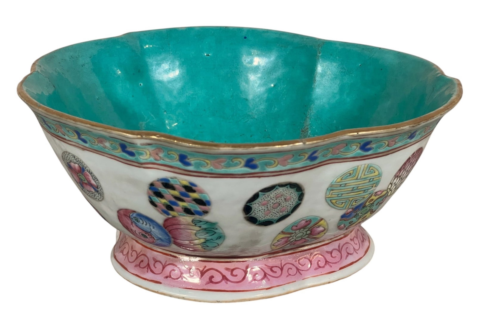 SIGNED FAMILLE ROSE PORCELAIN LOTUS BOWL: (19th c) porcelain lotus form bowl with gilt rim, turquoise interior, body hand painted with medallions on a white ground, foot with pink band and scrolling, turquoise under base & signed in character