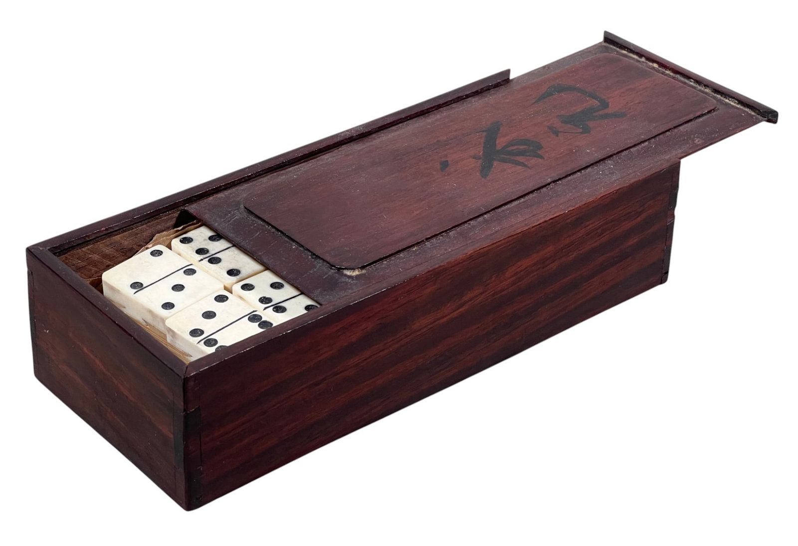 ANTIQUE HANDMADE CHINESE DOMINOES: Bamboo backs dovetailed to carved tiles, in rosewood case with sliding cover. Chinese text on cover. (28) total. 1 1/2 x 6 x 2 1/2 inches.
