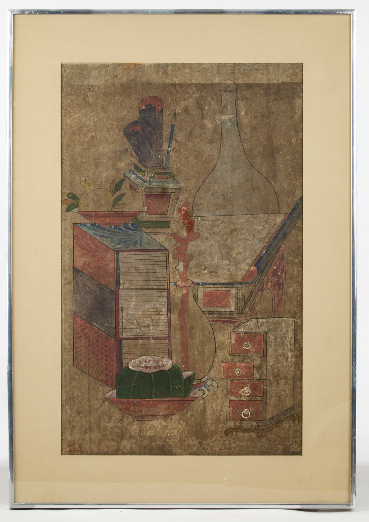 (18thc) KOREAN JOSEON DYNASTY CH'AEKGEORI PAINTING: Scholar's pen and scroll. gouache and pen and ink 24 x 15 inches. framed 29.5 x 21 inches (overall)