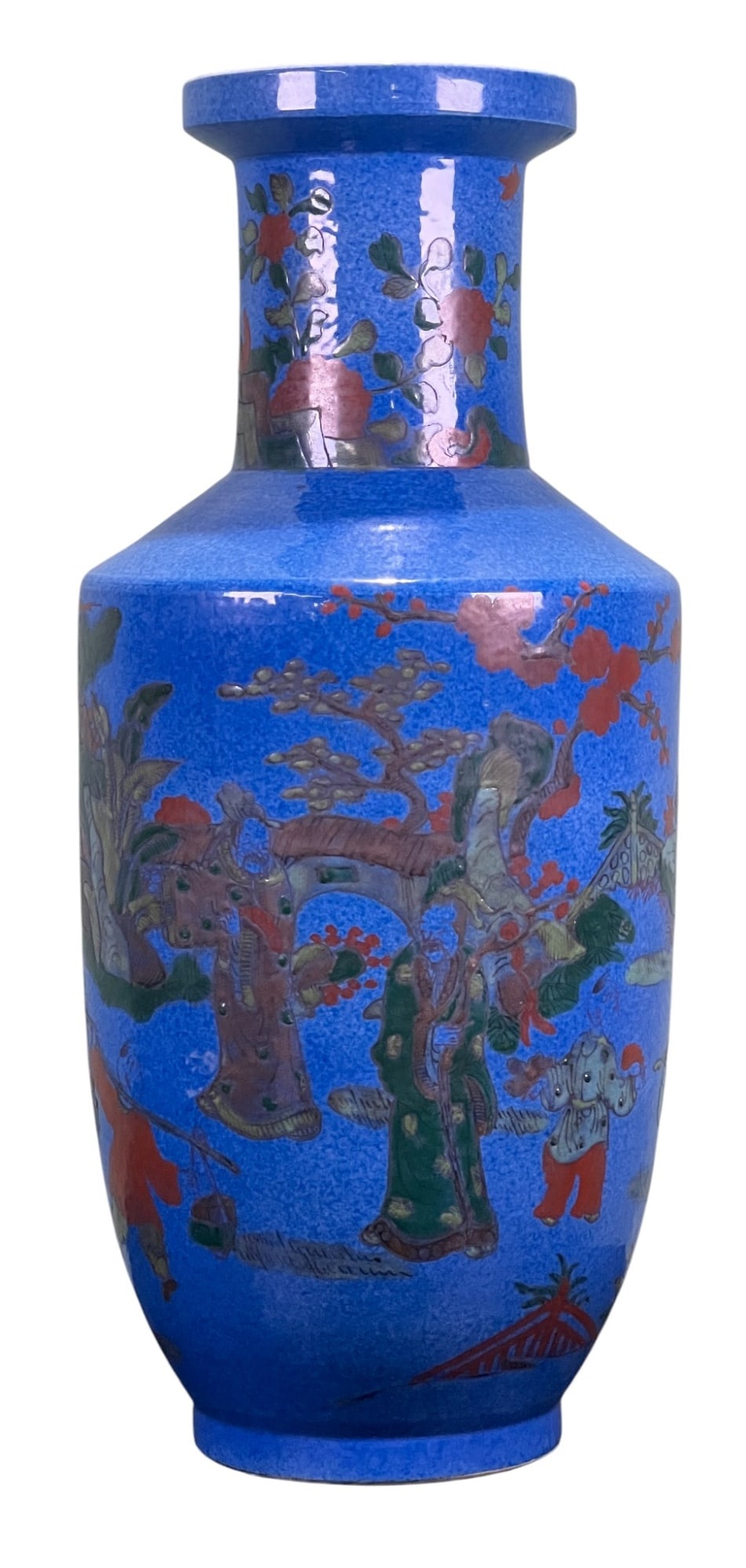 (18th/19th c) CHINESE PORCELAIN VASE: Chinese porcelain vase with powder blue ground and decorated with hand painted figures in landscape, signed, marked on bottom double mark. 15 3/4 inches.