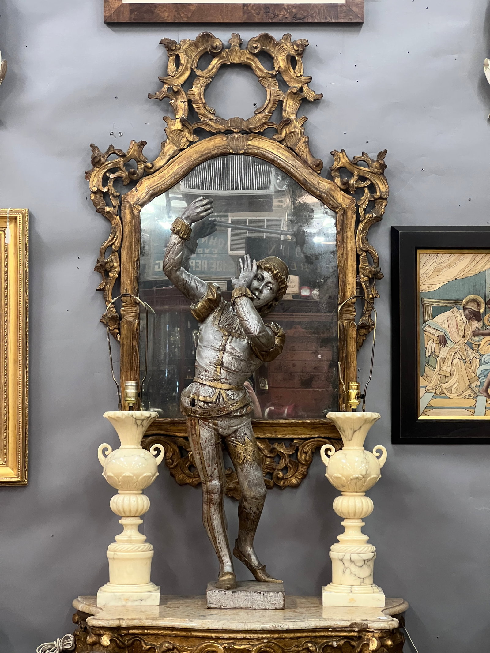 ITALIAN CARVED & SILVER GILT WOODEN COURT JESTER (1 of 7)