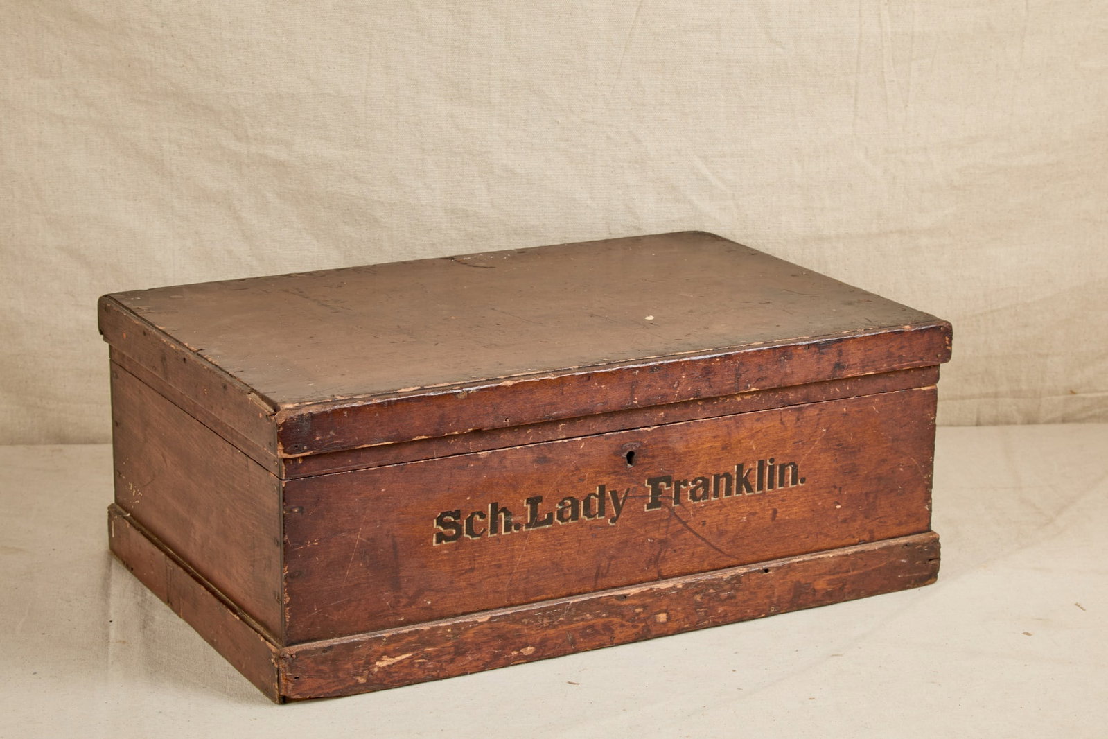 MEDICINE BOX SALVAGED from SCHOONER LADY FRANKLIN: Pine lift top medicine box salvaged from the shipwrecked schooner "Lady Franklin", which sank off Stanwood's Point in the Annisquam River (Gloucester, MA); the ship sank, but the crew was rescued. 8