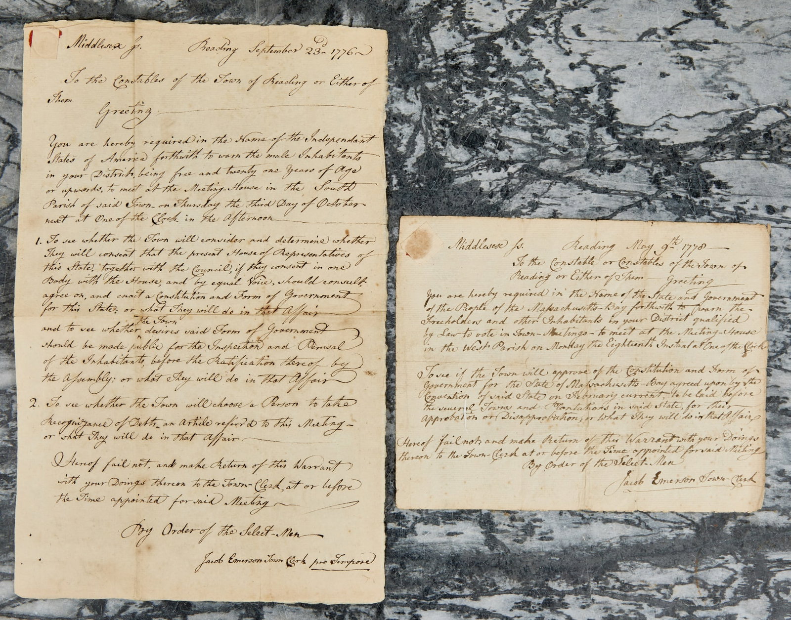 (2) READING MASSACHUSETTS DOCUMENTS - 1776 & 1778: 1776 and 1778 signed and sealed by Jacob Emerson as Town Clerk. September 23, 1776 "Independent States of America" Notice of Town meeting 12 1/4 x 7 3/4 inches. May 9, 1778 Notice of Town meeting to