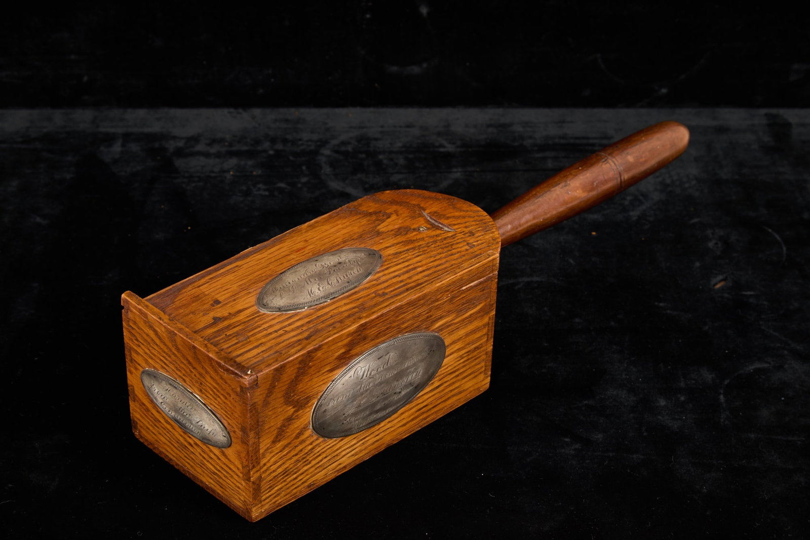 FRANKLIN BIRTHPLACE/USS CONSTITUTION MISSION BOX: Wooden missionary box with (4) inscribed silver plaques , body made from the wood recovered from the birthplace of Benjamin Franklin (17 Milk Street, Boston, MA) and turned oak handle made from wood