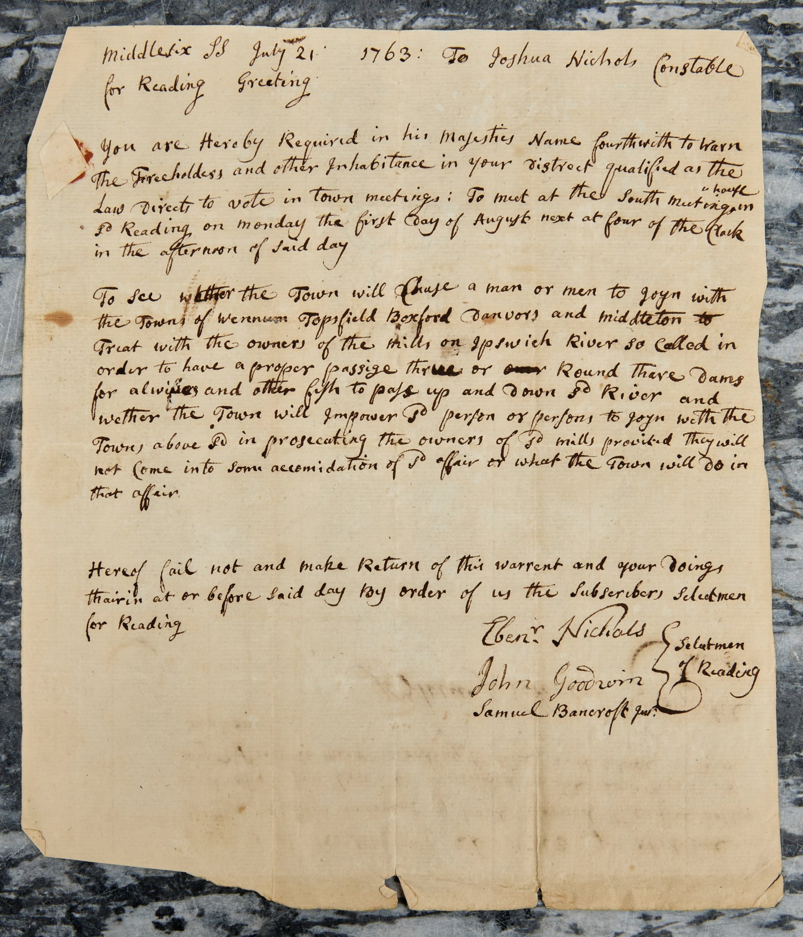 READING MASS SIGNED and SEALED DOCUMENT: July 21, 1763 "To see wether the town will chose a man or men to joyn with the towns of Wennum, Topsfield, Boxford, Danvers and Middleton to treat with the owners of the mills on Ipswich River so call