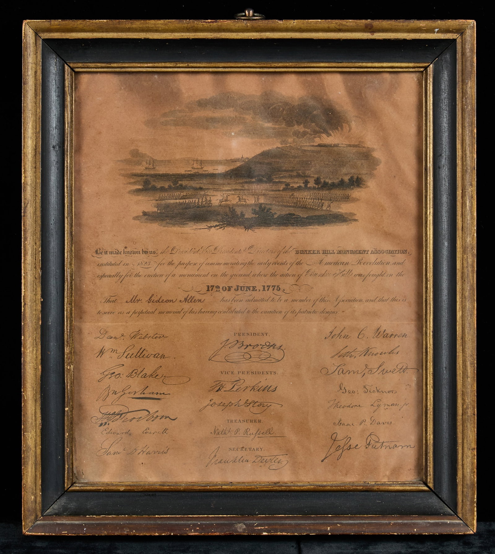 1823 BUNKER HILL MONUMENT ASSOCIATION MEMBERSHIP: Commemorating the early events of the American Revolution especially for the erection of a monument on the ground where the action of Bunker Hill was fought on 17th on June 1775. 15 x 13 1/2 inches