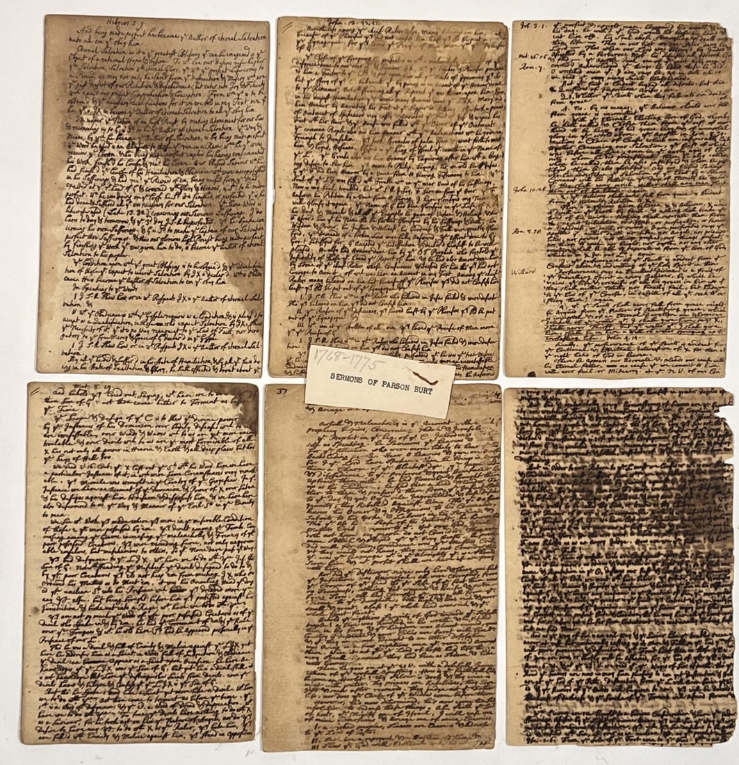 IMPORTANT (18thc) PARSON JOHN BURT SERMONS: A group of handwritten sermons pre-dating the Revolution by Patriot Parson John Burt of Bristol, RI. (2) with dates preached/repeated inscribed verso including "Bristol Aug. 28th, 1768 repeated May