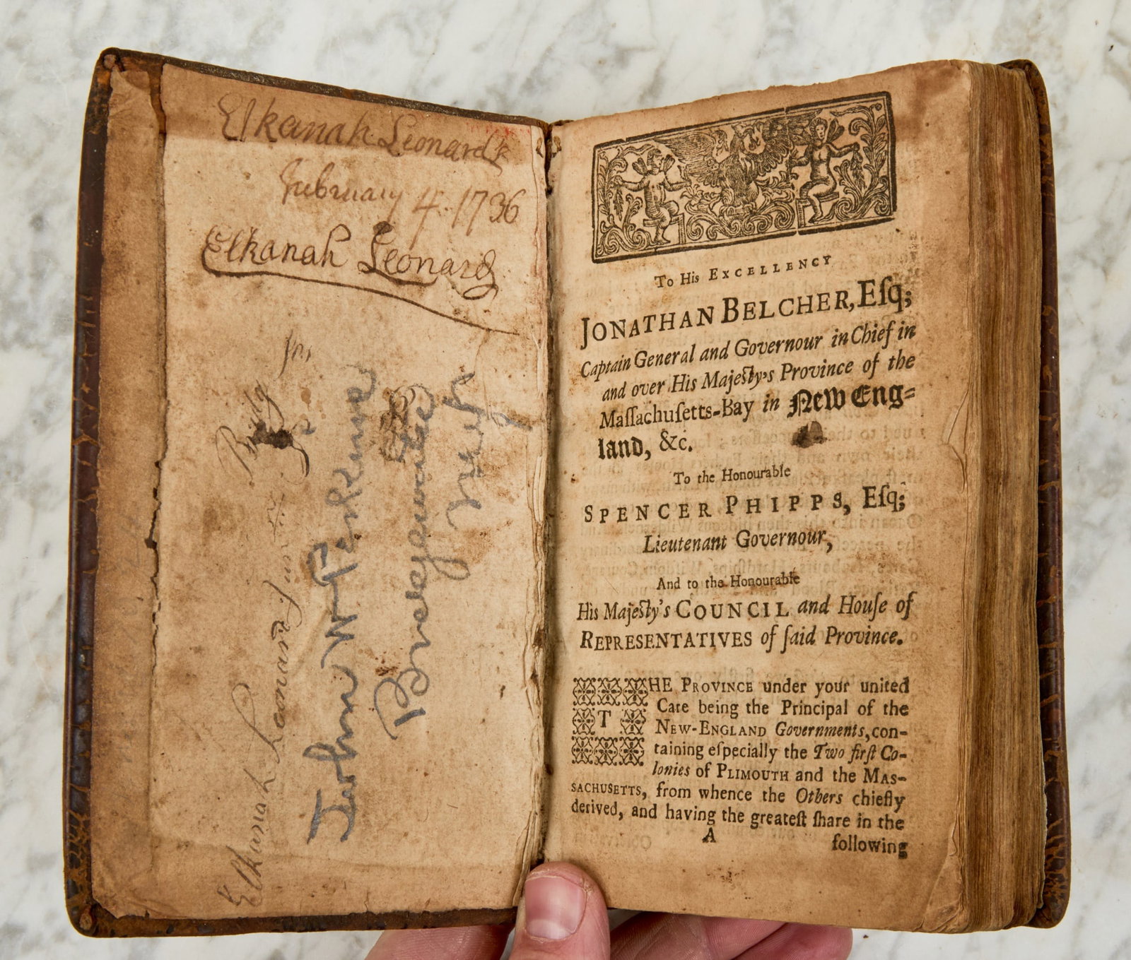 1736 FIRST EDITION NEW ENGLAND CHRONOLOGY: A chronological history of New England the Form of Annals 65. By Thomas Prince. Painted by Kneeland and Green, Boston. 6 5/8 x 4 1/4 x 1 1/4 inches