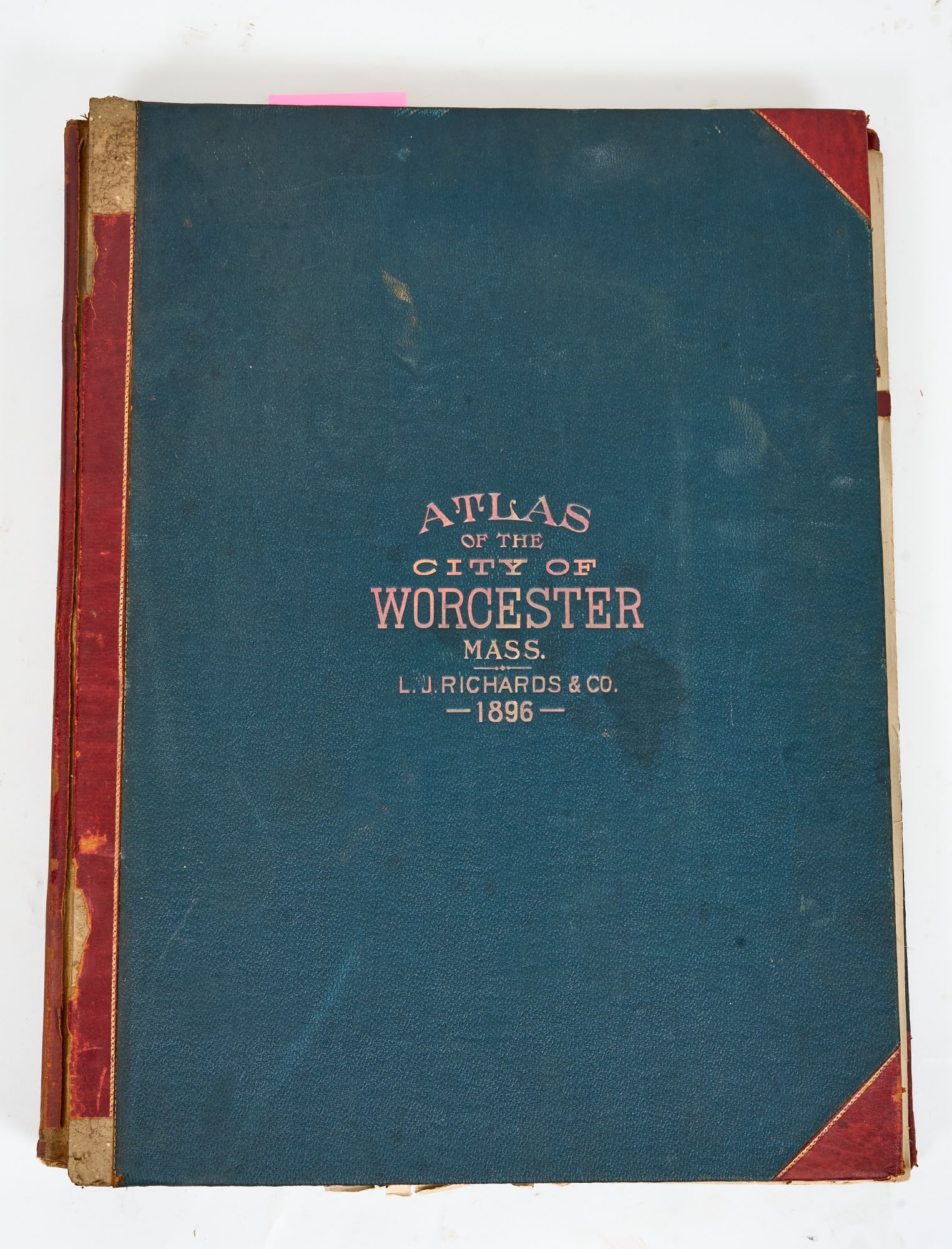 1896 ATLAS of the CITY of WORCESTER MASSACHUSETTS: L.J. Richards & Co. Appears complete. 22 1/2 x 18 x 1 1/2 inches.
