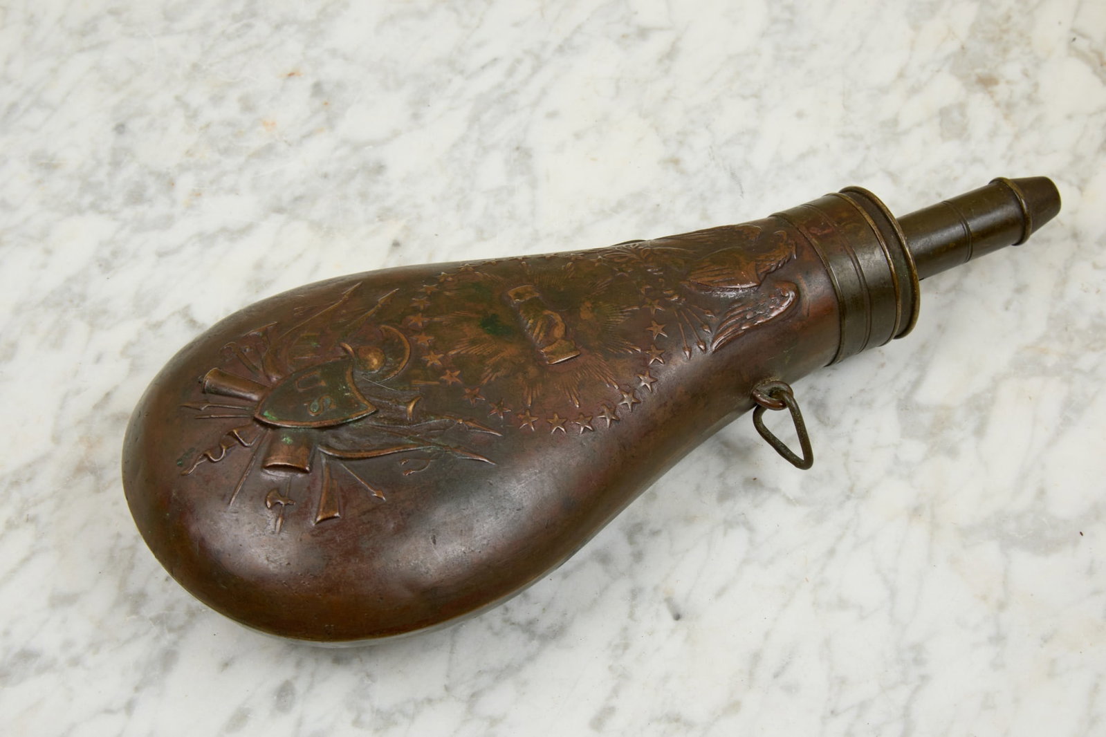 CIVIL WAR ERA COPPER POWDER FLASK: 9 1/4 x 3 1/4 inches