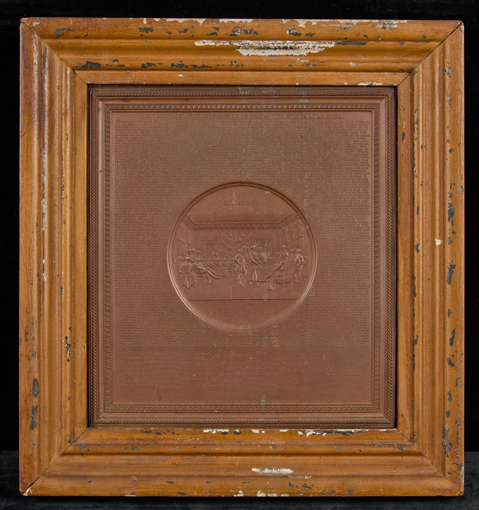 DECLARATION of INDEPENDENCE CAST BRONZE PLAQUE: With central medallion of Continental Congress, framed. 11 x 10 1/4 inches overall.