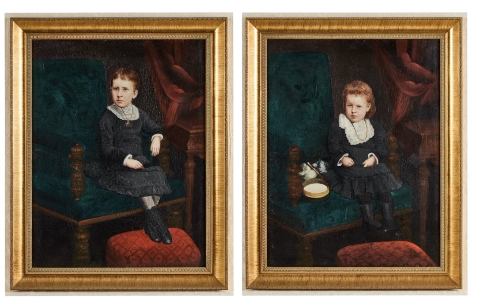 PAIR of CHINESE EXPORT PORTRAIT PAINTINGS: The children of Capt. Fred A. Kezer (Newburyport, MA) painted from cabinet cards, oil on canvas 23 1/2 x 17 3/4 inches, unsigned. the Capt. had (2) daughters, Bessie M. 1879-1972 and Agnes S. 1876-196