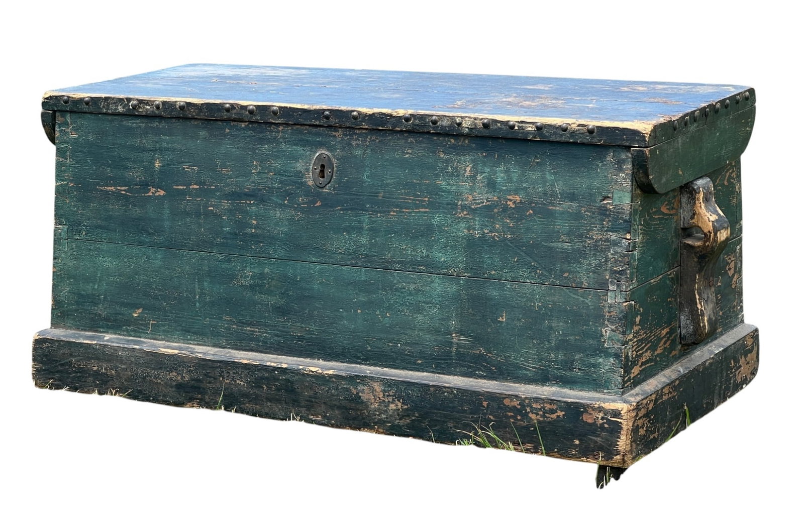 (19th c) PAINTED SEA CHEST with SAILORS NAME: (19th c) tapered sea chest in old green paint, iron studs along cover edge with canvas trim remnants, beckett handles, inner till, inside cover inscribed with sailor's name in gothic script "Hjalmar