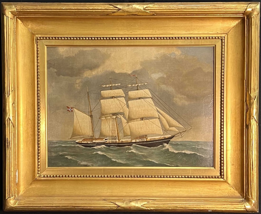 (19th c) SHIP AT SEA OIL ON PANEL: Housed in a custom gilt frame. Unsigned.