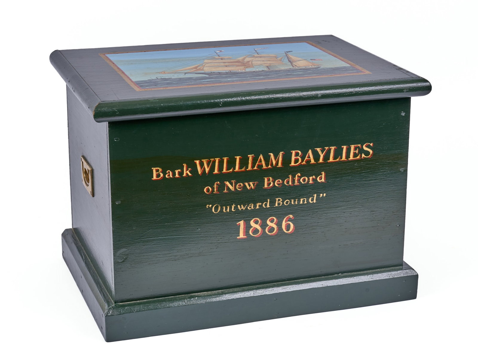 BARK WILLIAM BAYLIES CHEST by OULD COLONY ARTISANS: (20th / 21st c) Hand painted wooden chest with brass handles. 12 x 17 x 11 1/2 inches