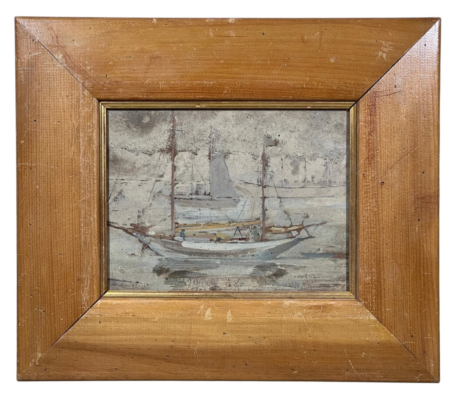 (19th/20th c) OIL on BOARD SHIP PAINTING: Working the Ship, oil on board 6 3/4 x 9 inches, unsigned, photograph and Philadelphia Painter Exhibiting Paris label verso. 12 x 14 inches overall.