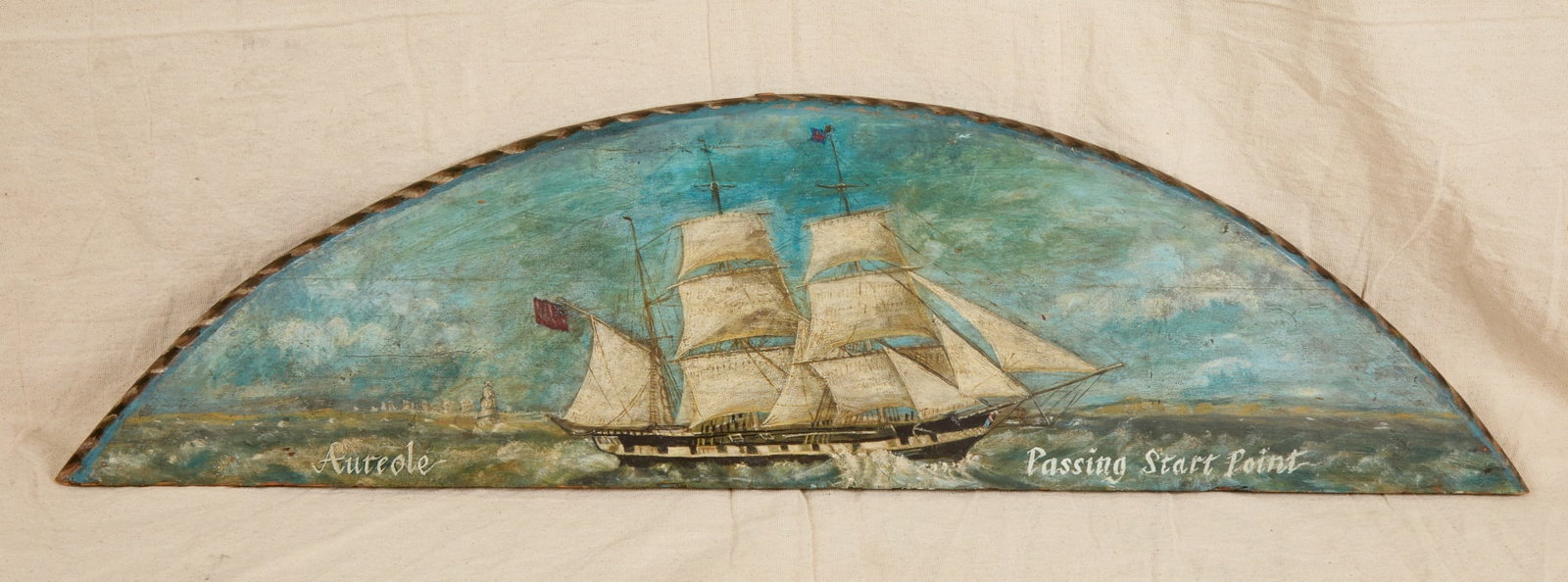 AUREOLE PASSING START POINT PAINTED FOLK ART BOARD: Demi lune board hand painted with nautical scene. 11 1/2 x 42 1/2 inches.