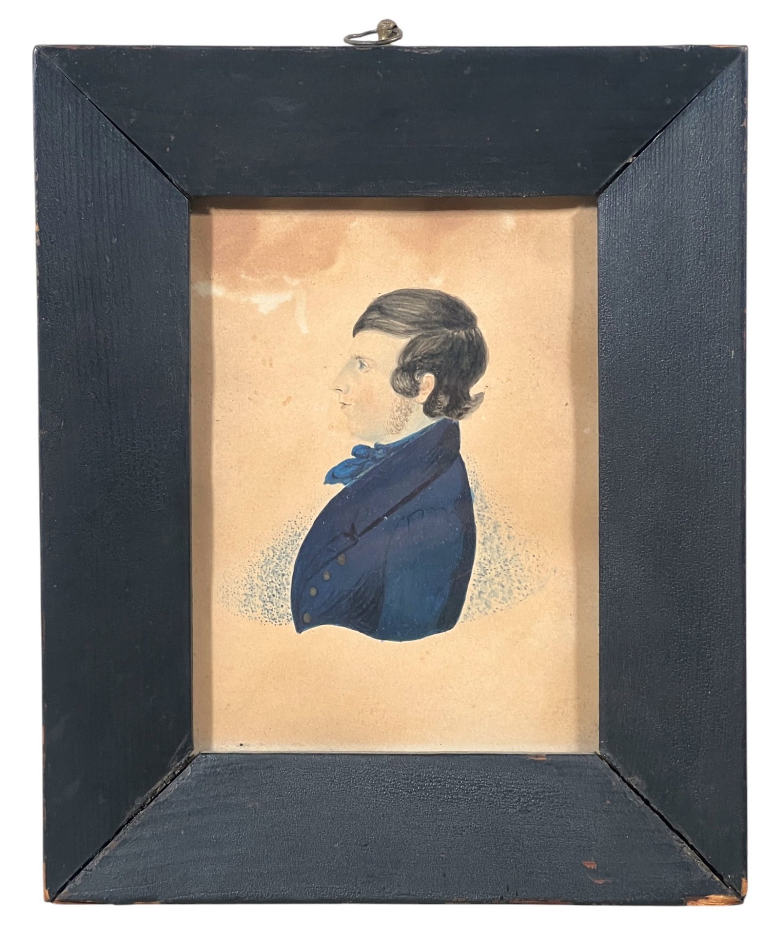 (19thc) FOLK ART PORTRAIT MINIATURE of SEA CAPTAIN: Portrait of a Sea Captain, watercolor on paper 6 1/4 x 5 inches, unsigned, Bucks County inscribed verso, housed in a period frame. 8 1/2 x 7 inches.