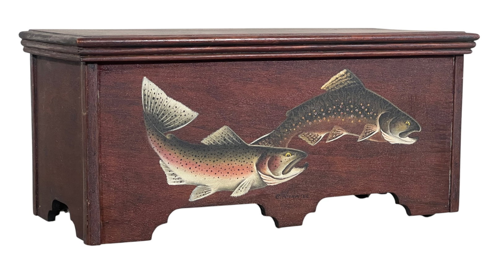 C. WILKINSON FOLK ART PAINTED MINIATURE CHEST: Miniature cedar lined blanket chest with inner tray hand painted with trout, signed C. Wilkinson. 5 3/4 x 12 3/4 x 5 1/2 inches.