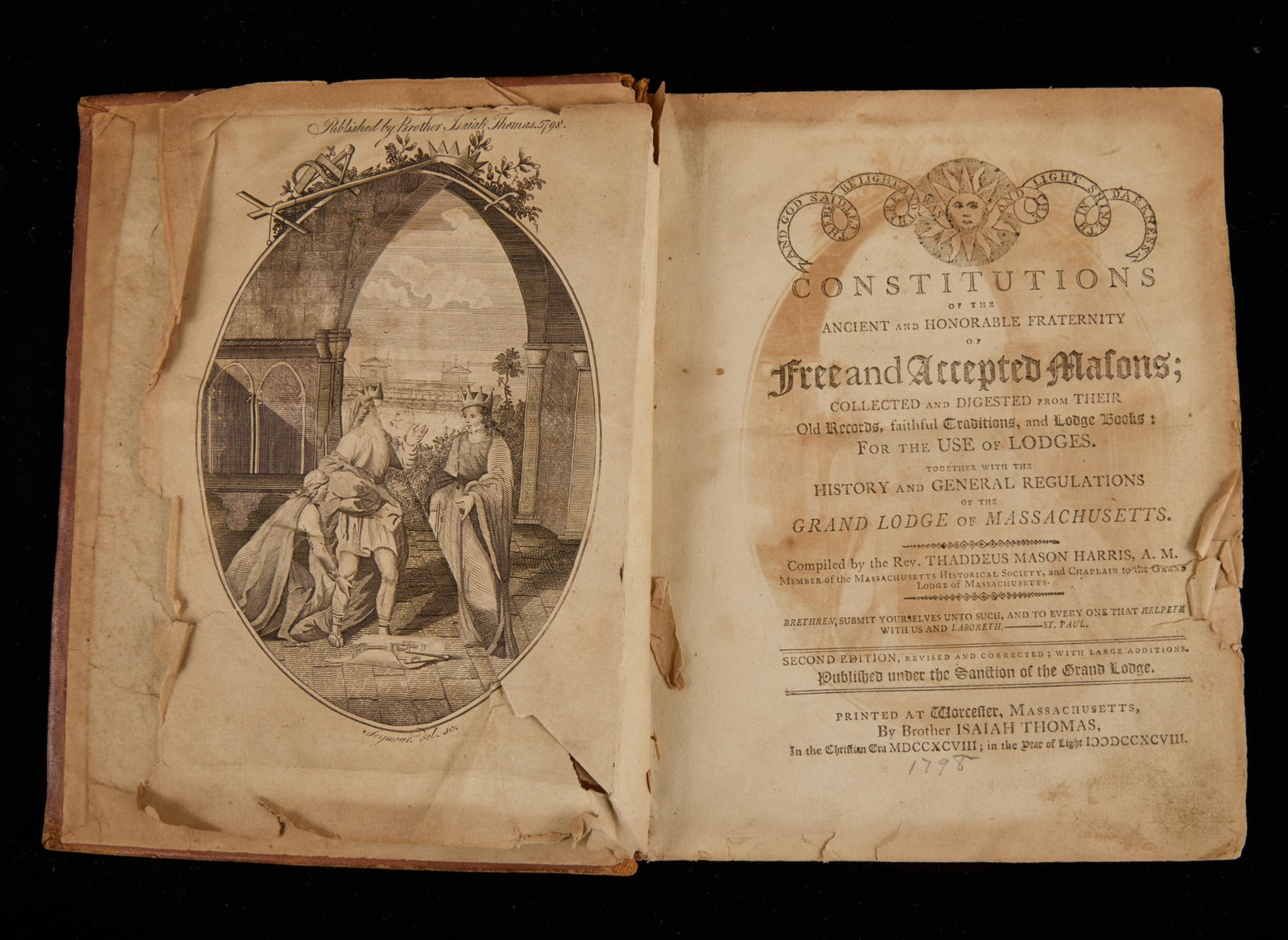1798 GRAND LODGE MASONIC BOOK of CONSTITUTIONS: 1798 Grand Lodge of Massachusetts Masonic Book of Constitutions. Approved by Paul Revere & others, printed by Isaiah Thomas (Worcester, MA), leather bound. 9 x 7 1/4 x 1 1/2 inches.