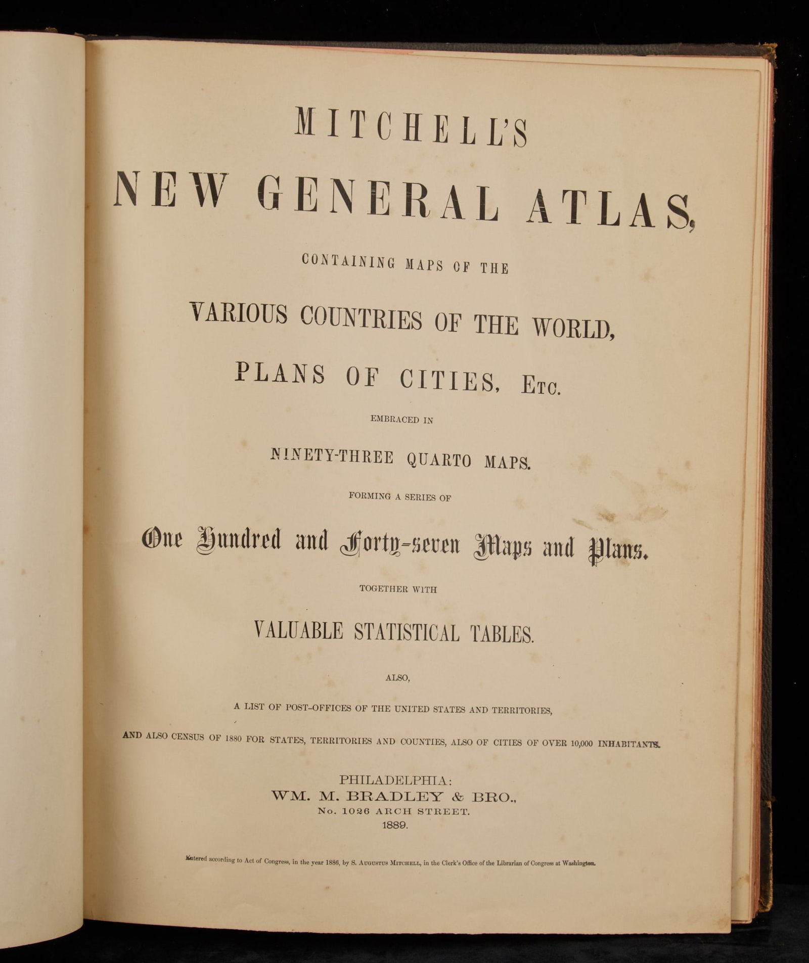 1889 MITCHELLS NEW GENERAL ATLAS: Appears complete. 15 1/2 x 13 x 1 inch.