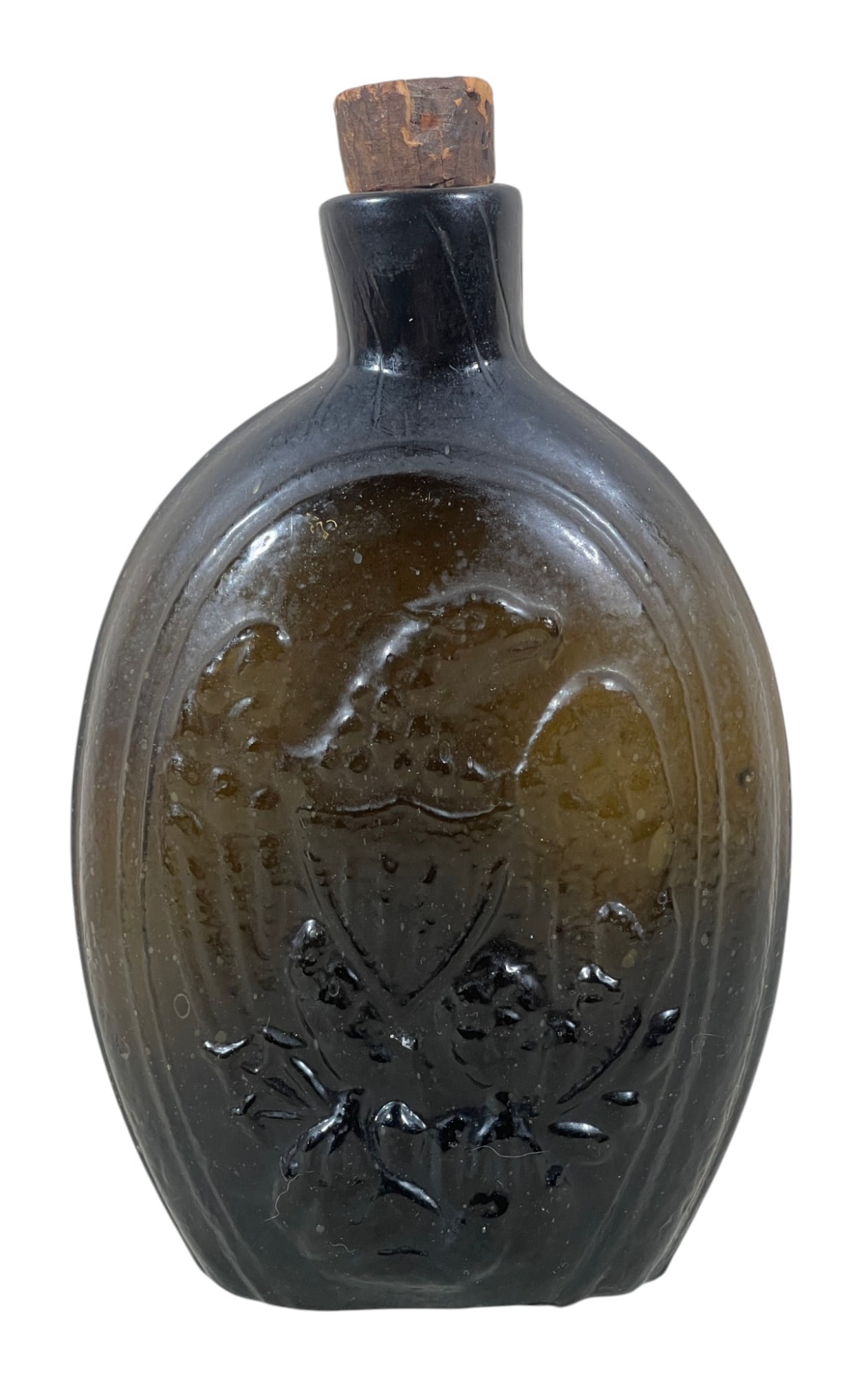 (19th c) AMERICAN BLOWN MOLDED OLIVE GLASS FLASK (1 of 6)